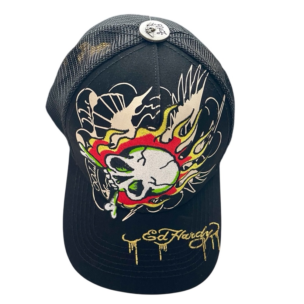 ED HARDY Fire Skull Snapback Trucker Hat Embroidered Black Style EHH0001-33